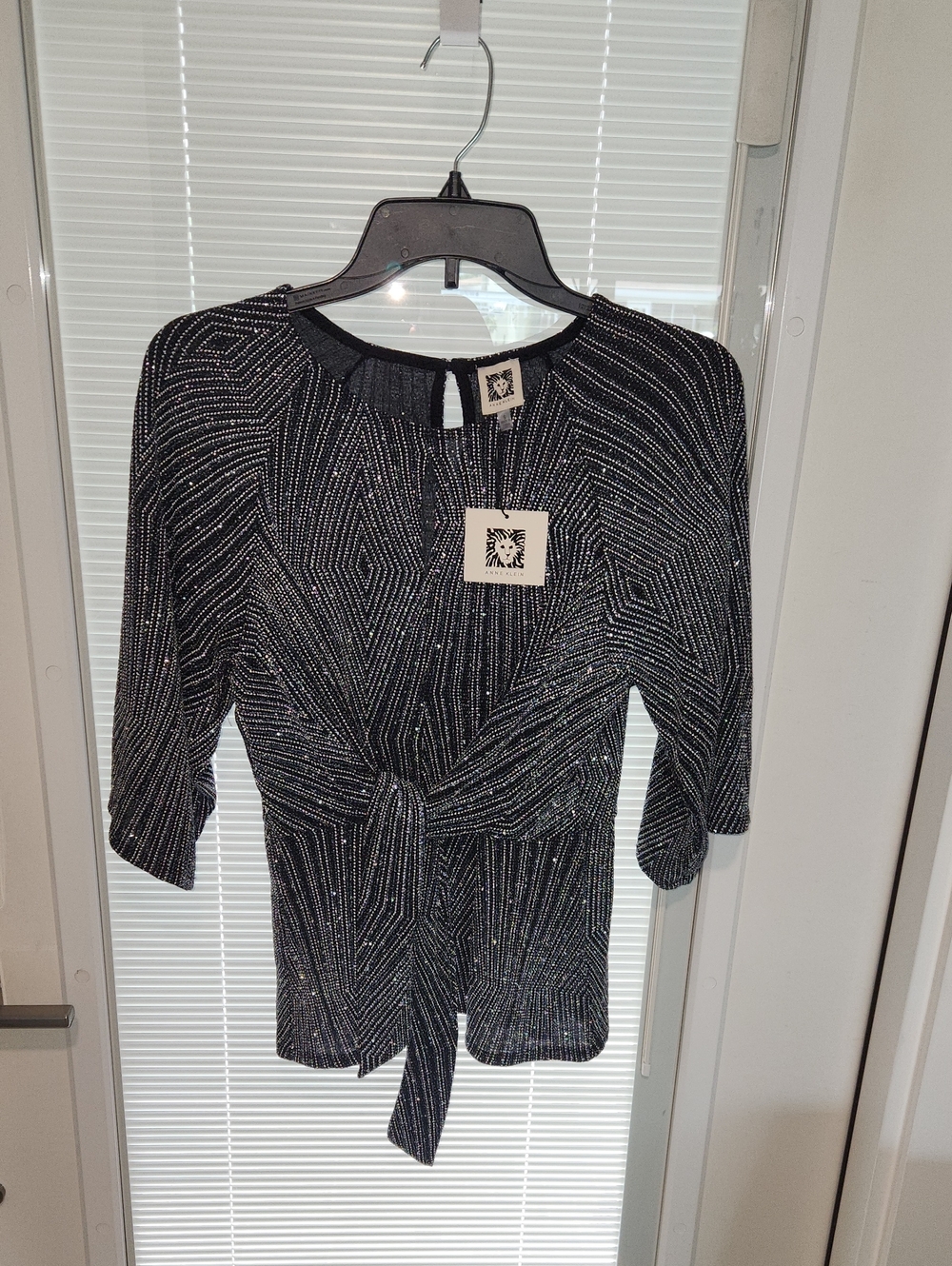 Anne Klein Black Metallic Tie-Front Blouse